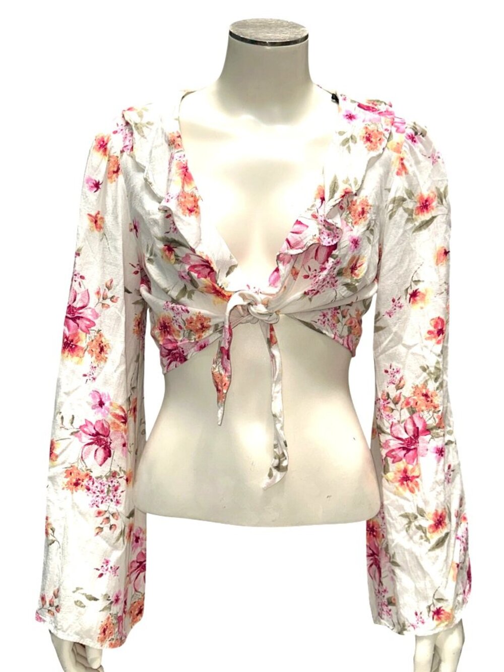 Forever 21 Size M Ivory Pink Floral Tie Front Crop Top Coquette Cottagecore Boho - Picture 2 of 8